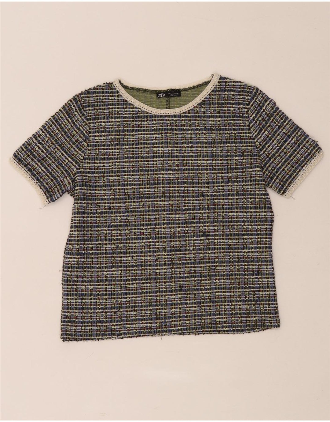 Zara Mujer Camiseta Corta Top UK 40 Mediano Poliéster A Cuadros Multicolor