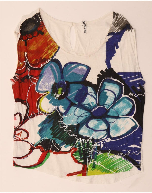 Desigual Mujer Gráfico Chaleco Top UK 18 XL Blanco Floral Algodón