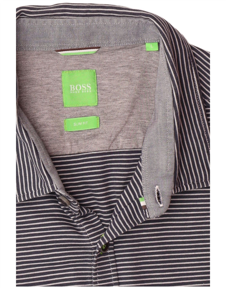 HUGO BOSS Camisa de manga corta ajustada para hombre, talla grande, azul marino, a rayas