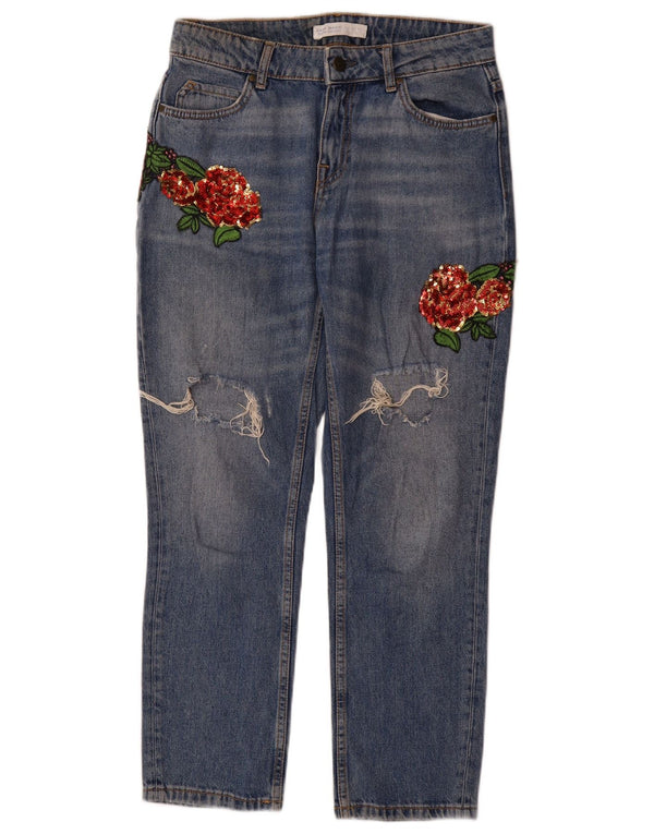 Zara Vaqueros rectos desgastados para mujer EU 36 XS W26 L29 Algodón floral azul