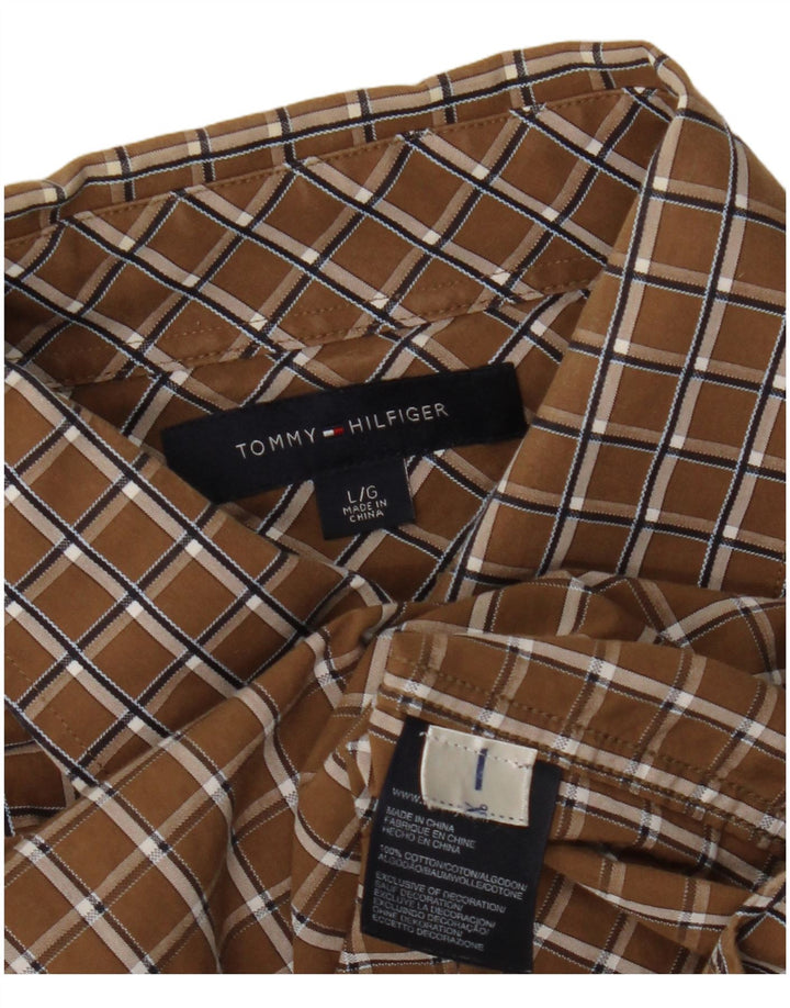 TOMMY HILFIGER Camisa de manga corta para hombre Large Brown Check Cotton