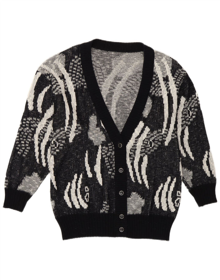 Vintage mujer Cardigan suéter IT 42 Medio Negro Geométrico Poliacrílico