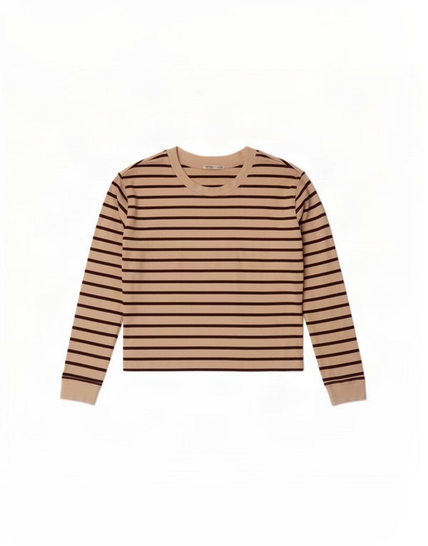 Zara Mujer Crop Top Manga Larga UK 44 Algodón Rayas Beige Medio