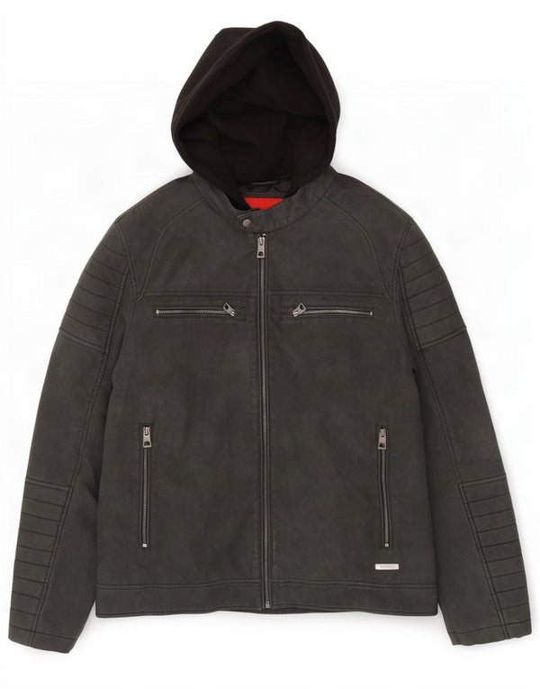 Guess Chaqueta de carreras de piel sintética con capucha para hombre, Reino Unido 40, poliuretano gris grande