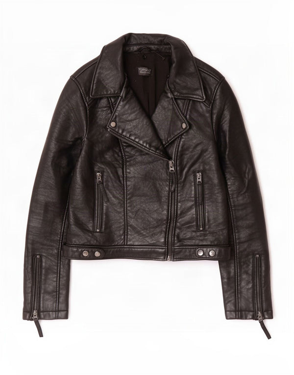 Topshop Chaqueta motera de cuero para mujer UK 12 Medium Black