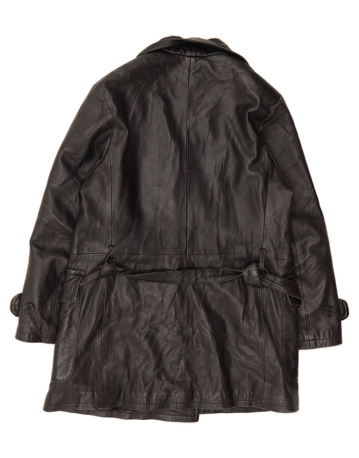 VINTAGE Womens Double Breasted Leather Coat UK 14 Medium Black Leather Vintage Vintage and Second-Hand Vintage from Messina Hembry 