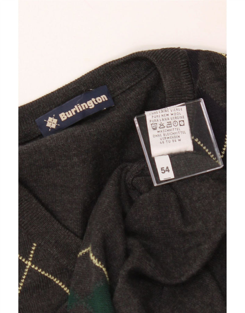 BURLINGTON Mens V-Neck Jumper Sweater IT 54 XL Grey Argyle/Diamond Wool Vintage Burlington and Second-Hand Burlington from Messina Hembry 