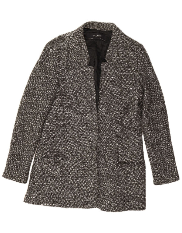 Zara Mujer Chaqueta Americana Larga Abierta UK 10 Small Gris Moteado