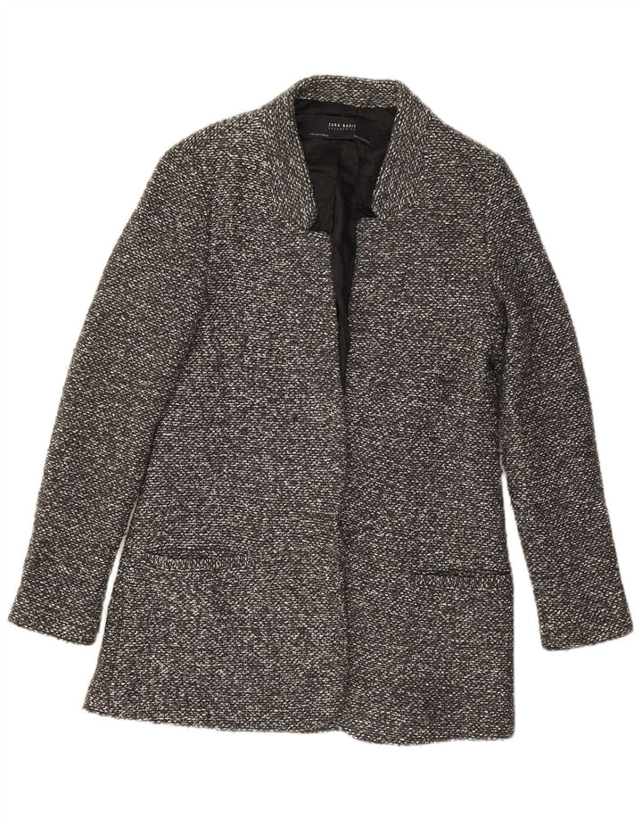 Zara Mujer Chaqueta Americana Larga Abierta UK 10 Small Gris Moteado