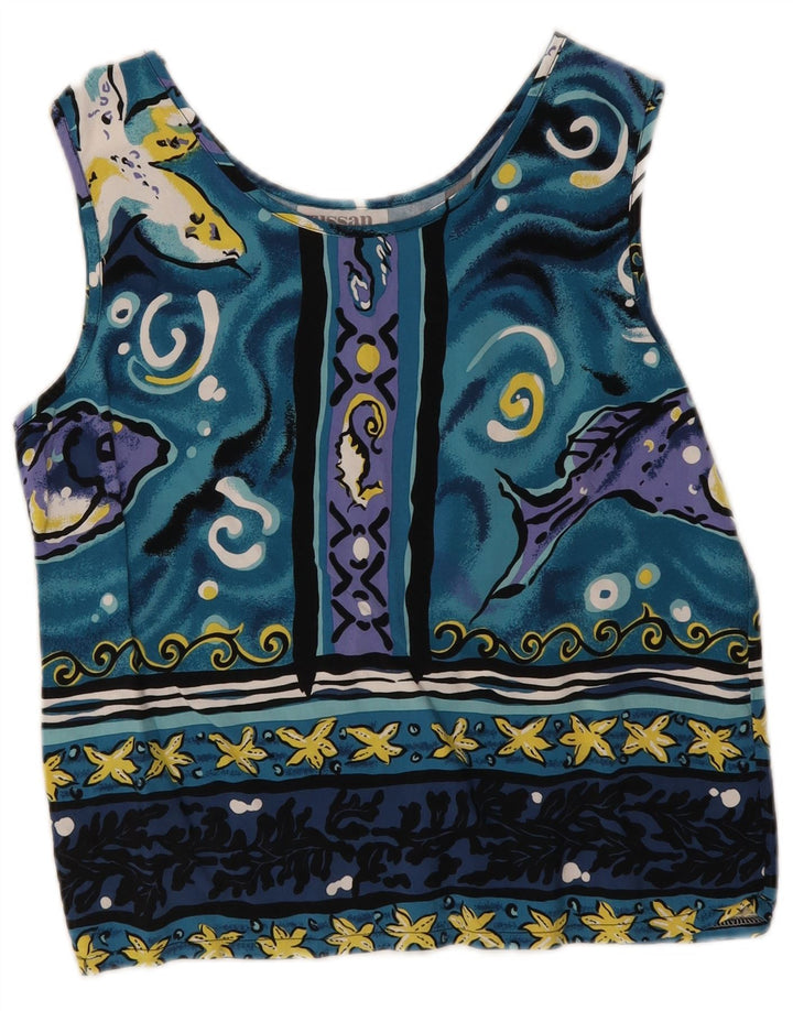 Vintage mujer cosecha patrón abstracto blusa Top Reino Unido 12 azul medio