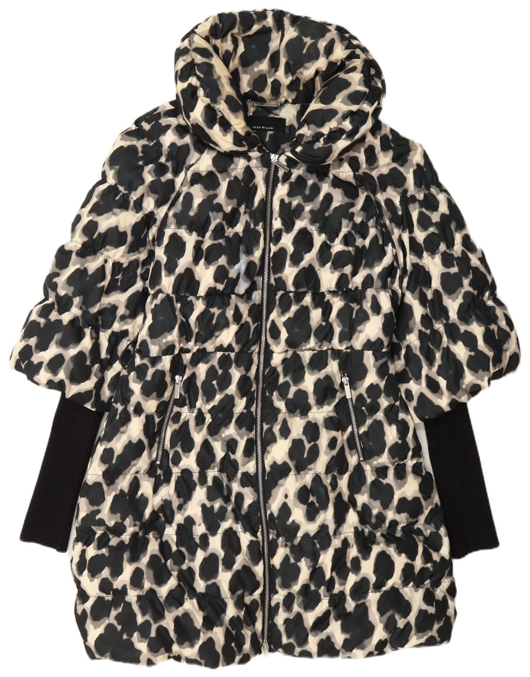 Karen Millen Abrigo acolchado para mujer UK 40 Mediano Negro Estampado animal Poliéster