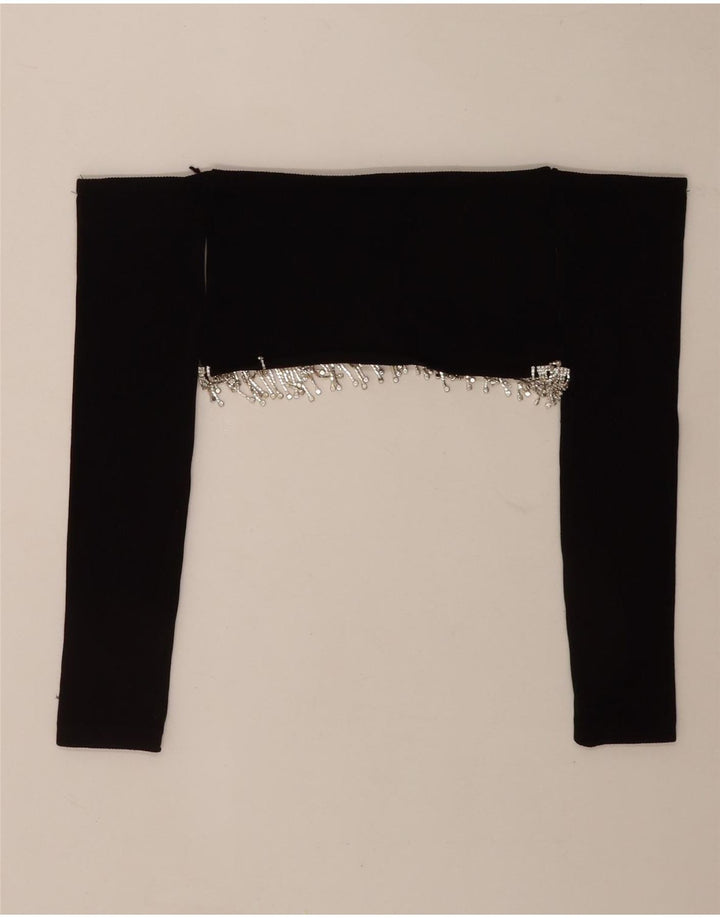 Zara Womens Long Sleeve Crop Off Shoulder Top UK 12 Medium Black Polyamide