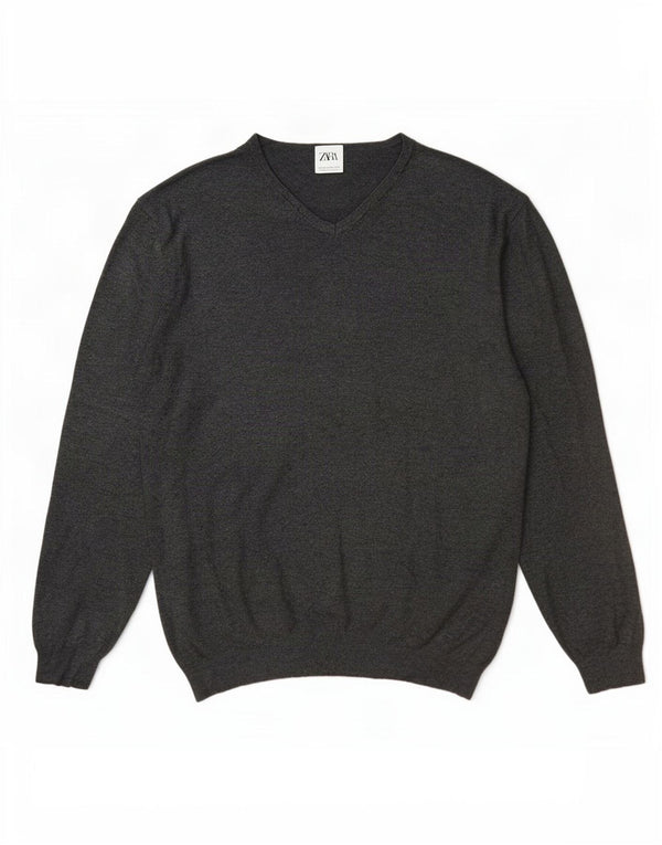 Zara Hombre Jersey Con Cuello En V Jersey 2XL Viscosa Gris