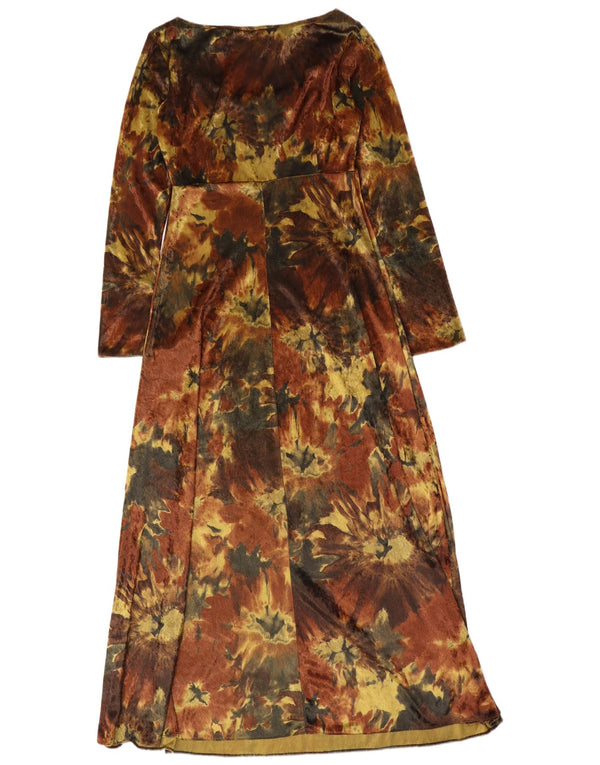 Vintage mujer manga larga Velour Maxi vestido Reino Unido 12 tinte de corbata marrón medio