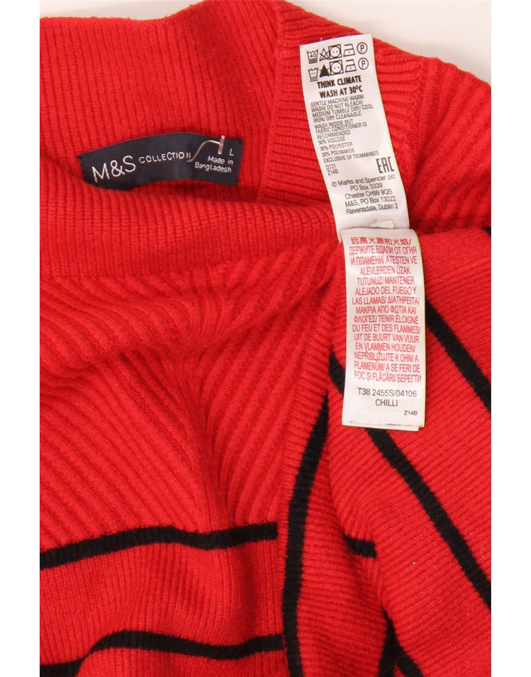 Marks & Spencer Jersey con cuello alto para mujer, talla 40, talla grande, color rojo a rayas