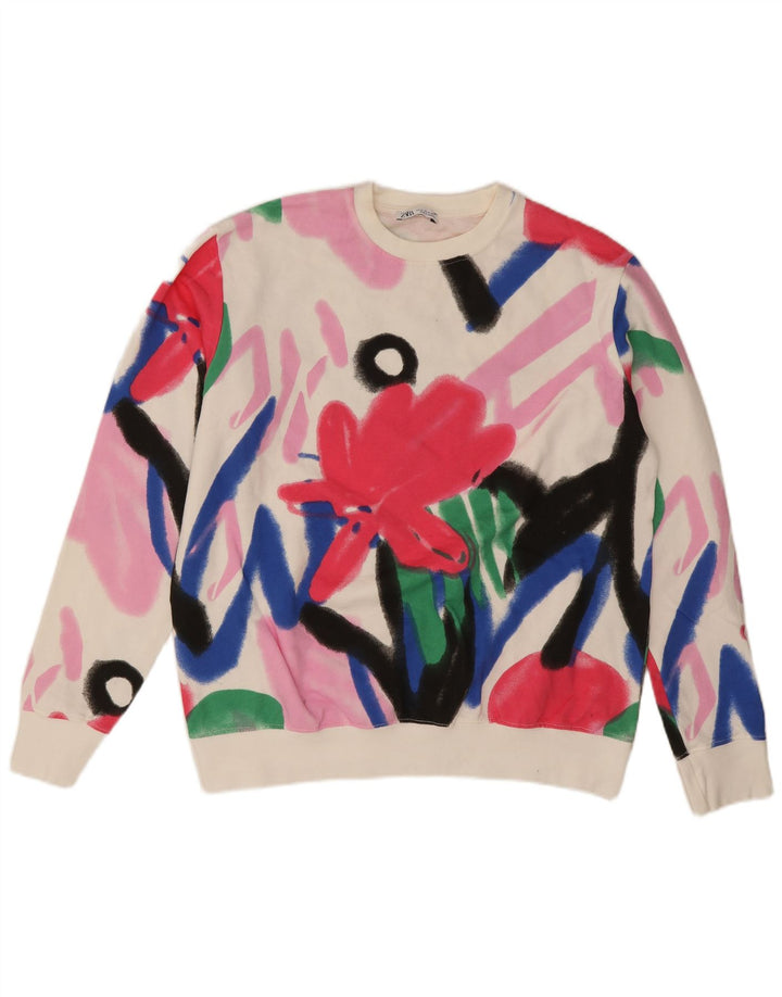 Zara Mujer Gráfico Sudadera De Gran Tamaño Jersey Reino Unido 44 Mediano Blanco Floral