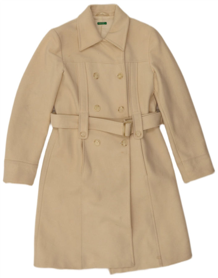 Benetton Abrigo Cruzado IT 44 Mediano De Lana Blanco Roto