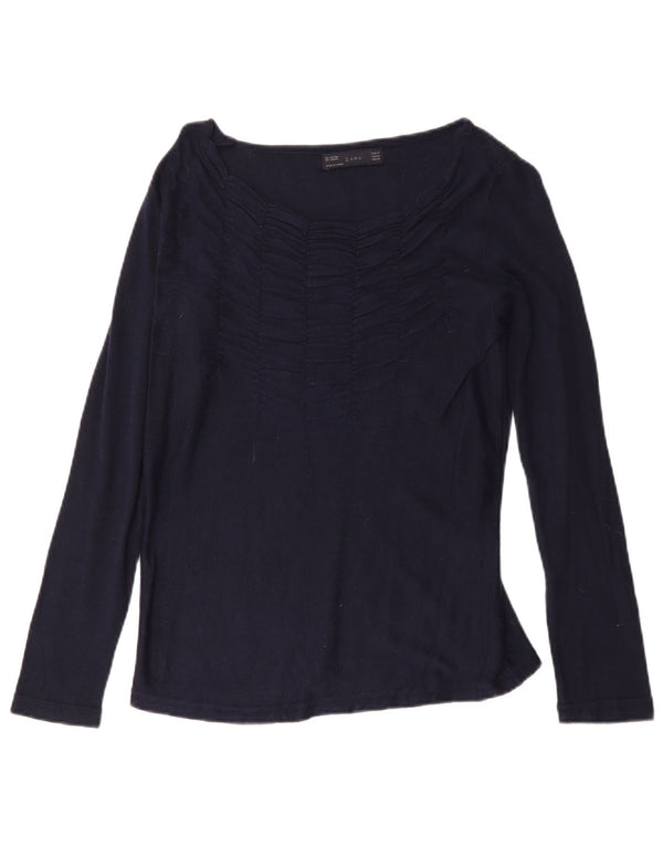 Zara Mujer Top Manga Larga UK 42 Medio Azul Marino Algodón