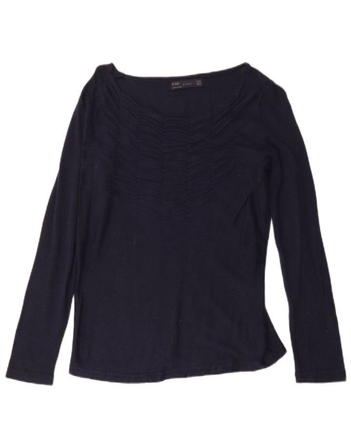 Zara Mujer Top Manga Larga UK 42 Medio Azul Marino Algodón