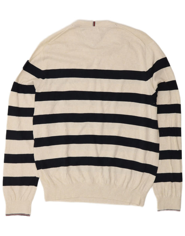 TOMMY HILFIGER Suéter tipo jersey con cuello redondo para hombre, tamaño grande, color blanco roto, a rayas