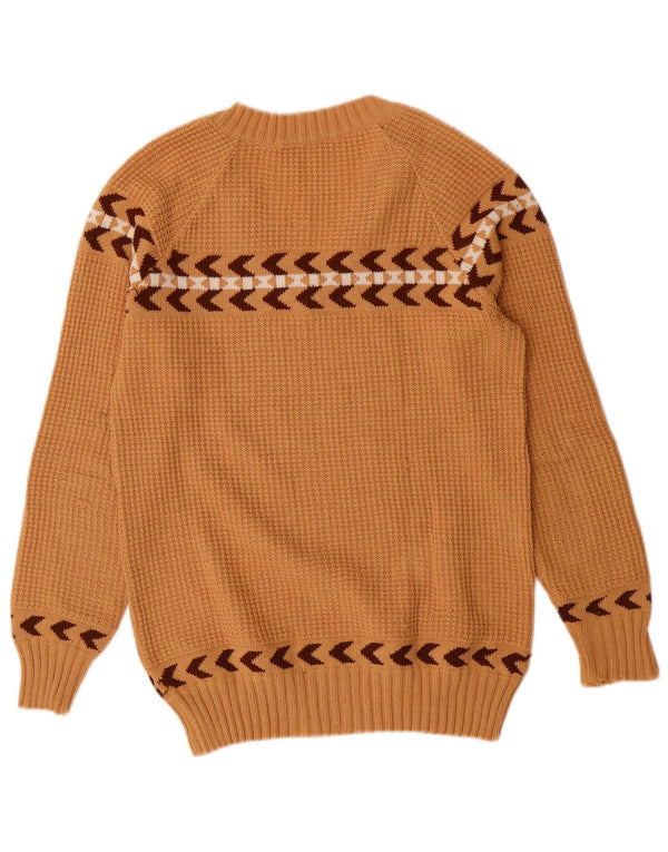 VINTAGE Mujer V-Cuello Jumper Suéter Reino Unido 10 Pequeño Marrón Geométrico