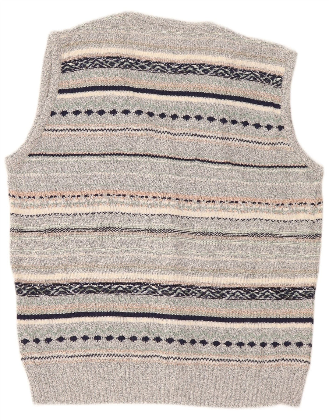 Vintage hombres sin mangas cardigan suéter medio gris rayas lino