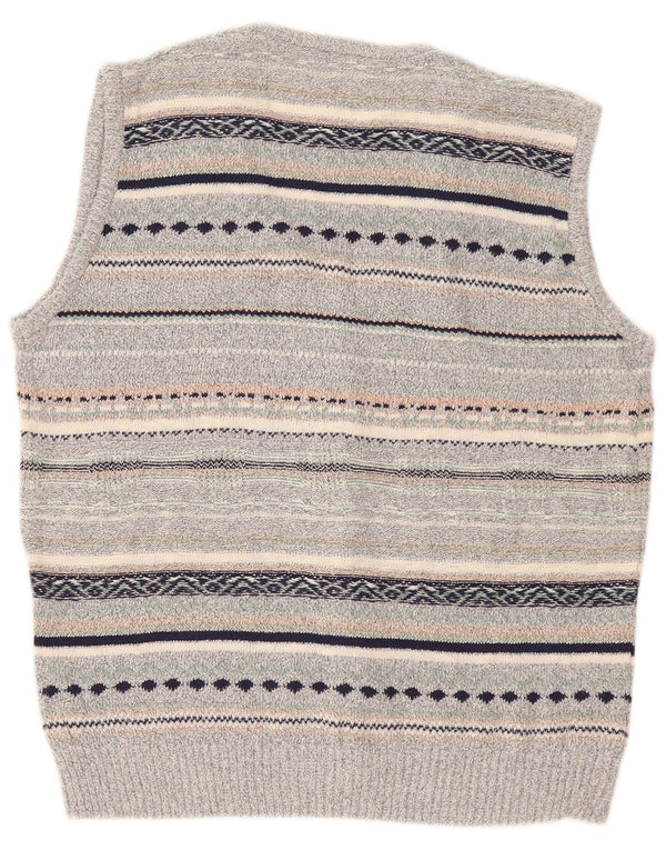 Vintage hombres sin mangas cardigan suéter medio gris rayas lino