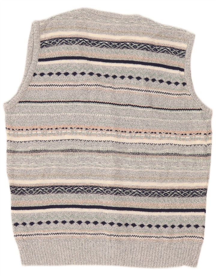 Vintage hombres sin mangas cardigan suéter medio gris rayas lino