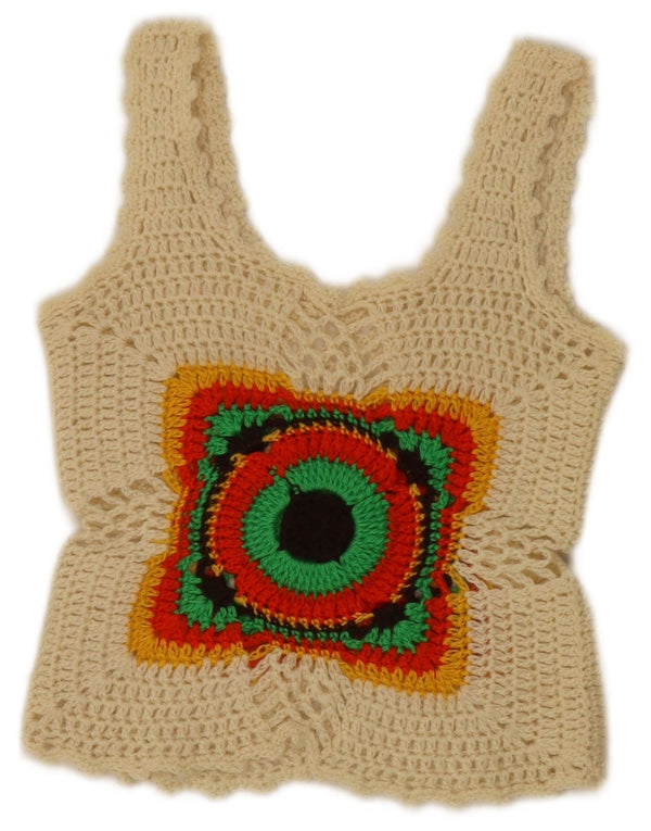 Vintage mujer crochet sin mangas crop top UK 4 XS Off White Geométrico