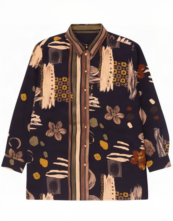 Vintage mujer patrón abstracto camisa blusa Reino Unido 20 2XL azul marino poliéster