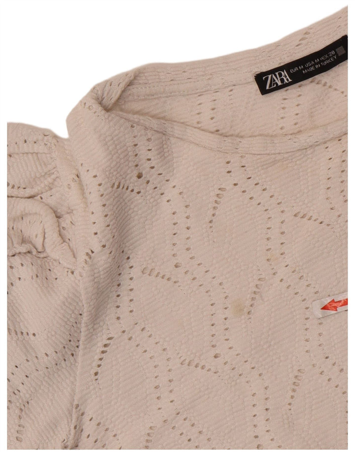 Zara Mujer Crop Blusa Top Reino Unido 42 Medio Algodón Blanco