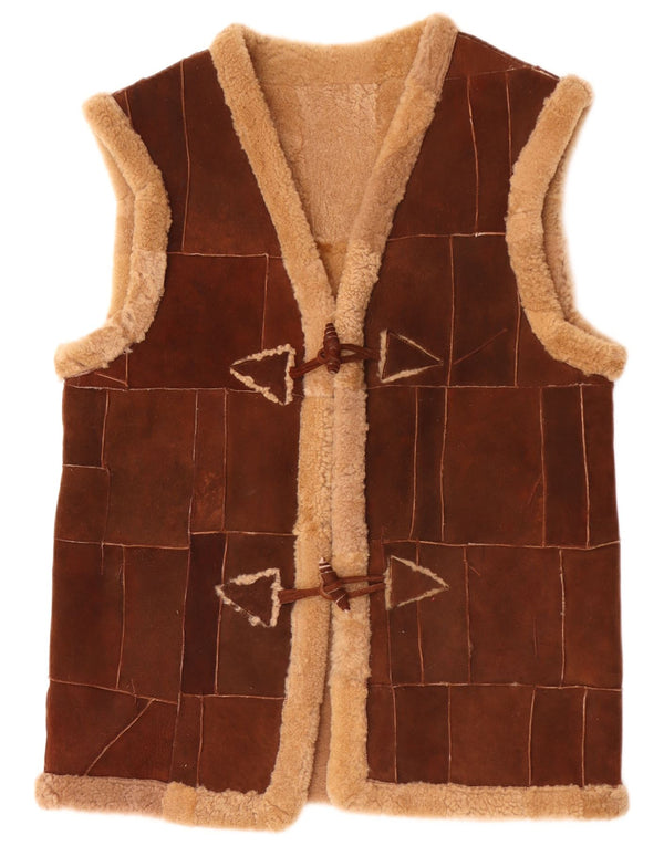 Vintage hombres shearling gilet Reino Unido 40 marrón grande