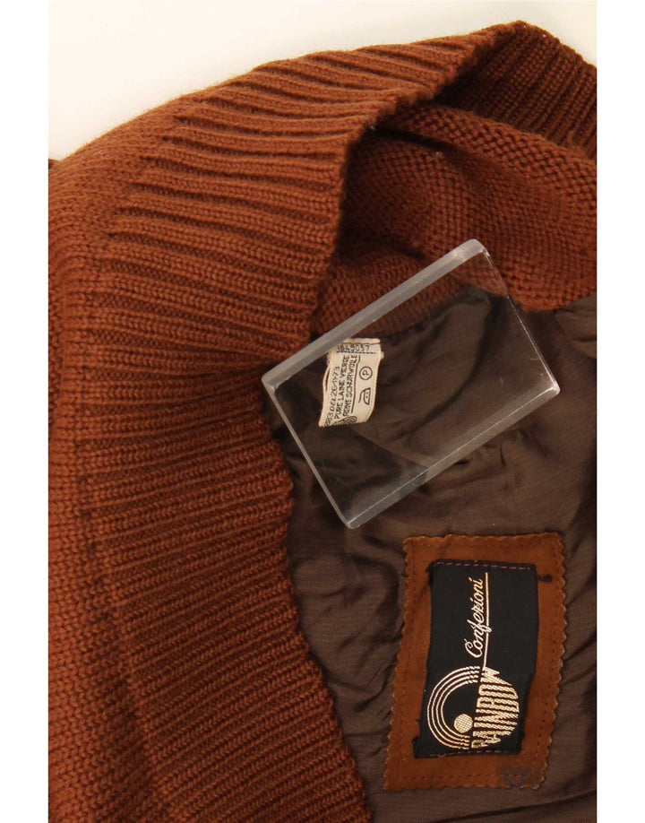 Vintage hombres Cardigan suéter cuero marrón medio