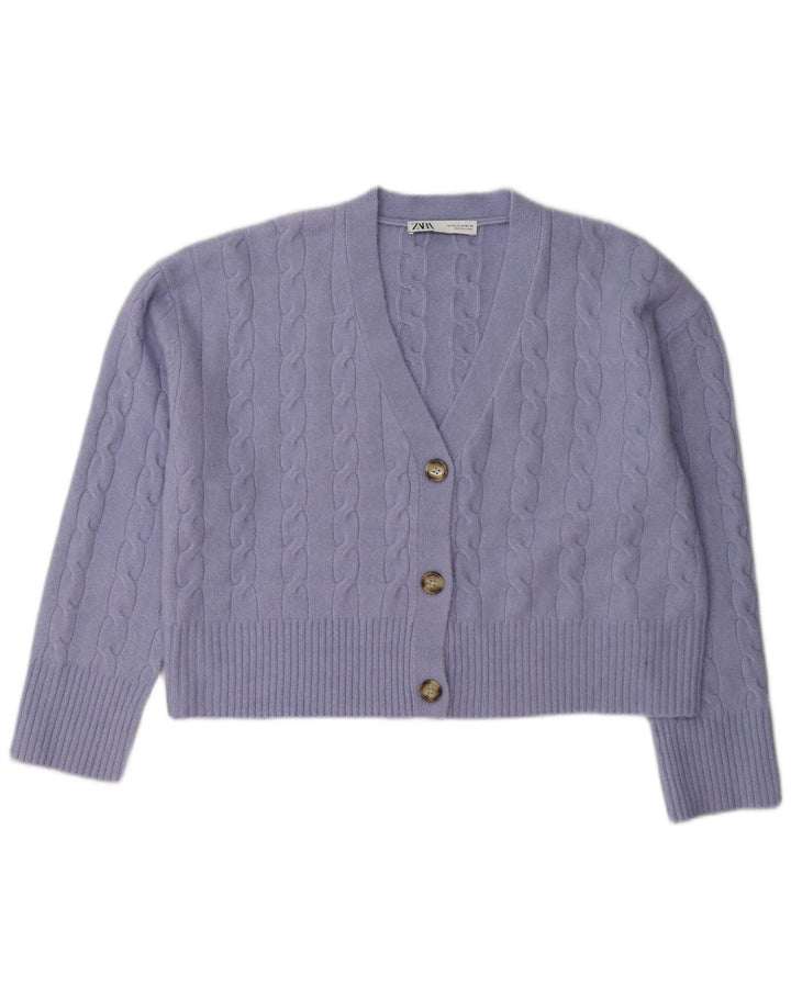 Zara Mujer Crop Cardigan Suéter UK 44 Medio Púrpura Poliéster