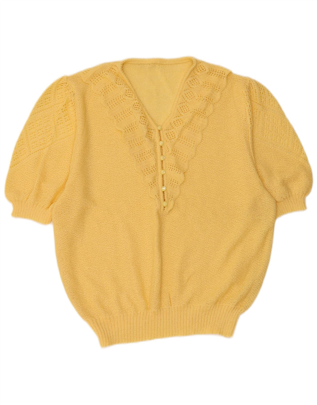 VINTAGE suéter de manga corta con cuello en V para mujer Reino Unido 16 amarillo grande