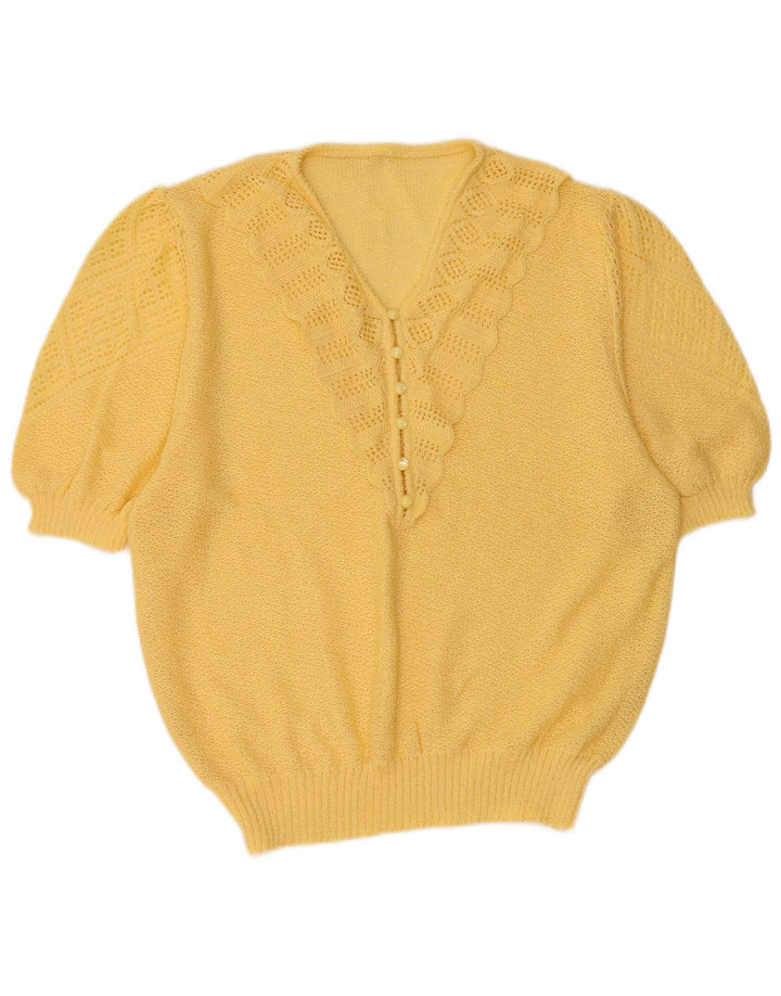 VINTAGE suéter de manga corta con cuello en V para mujer Reino Unido 16 amarillo grande