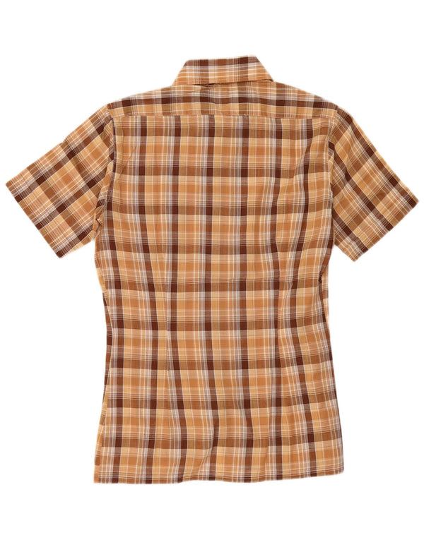 Camisa vintage de manga corta para hombre, poliéster a cuadros marrón pequeño