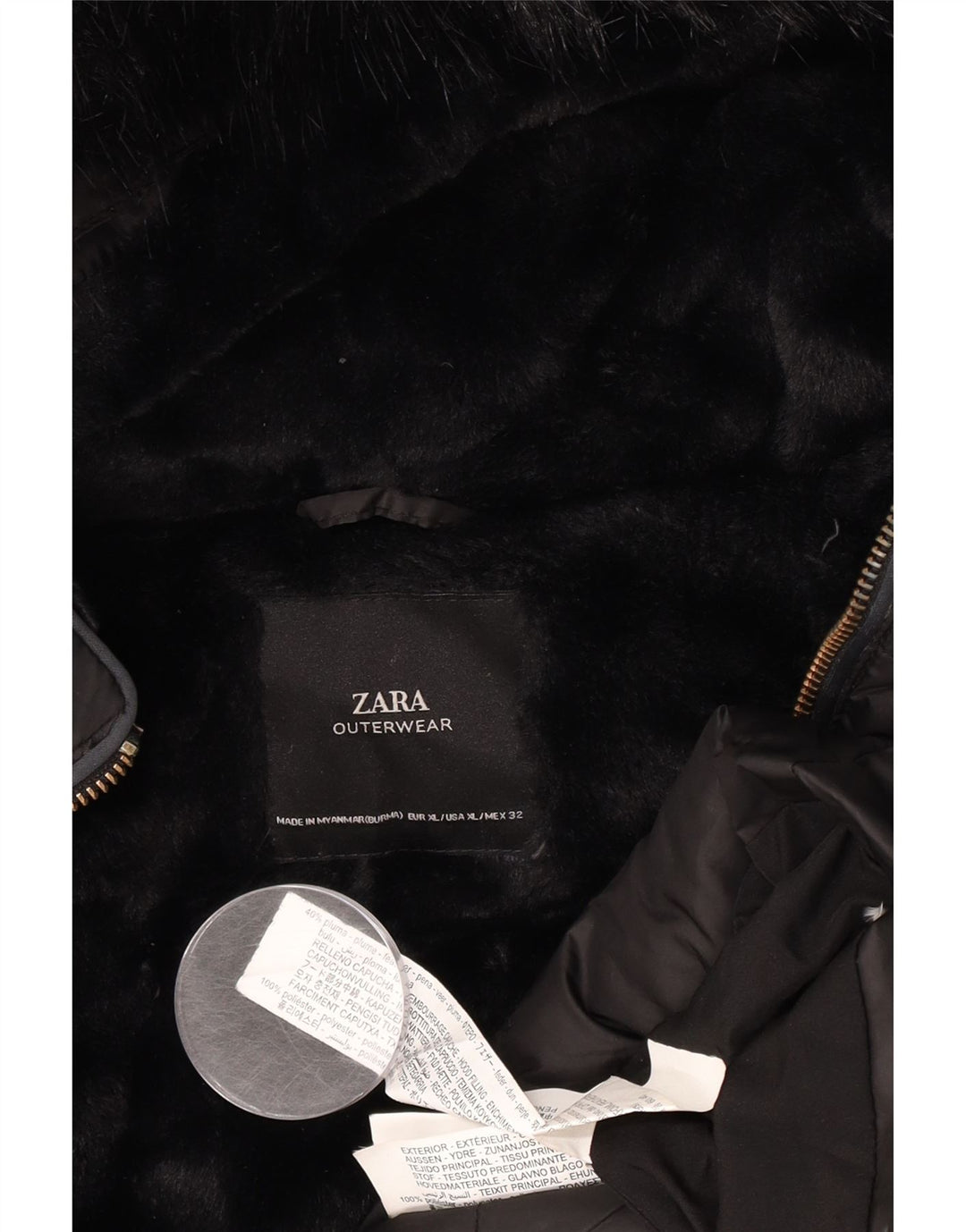 Zara Mujer Chaqueta Acolchada Con Capucha ES 40 XL Poliéster Negro