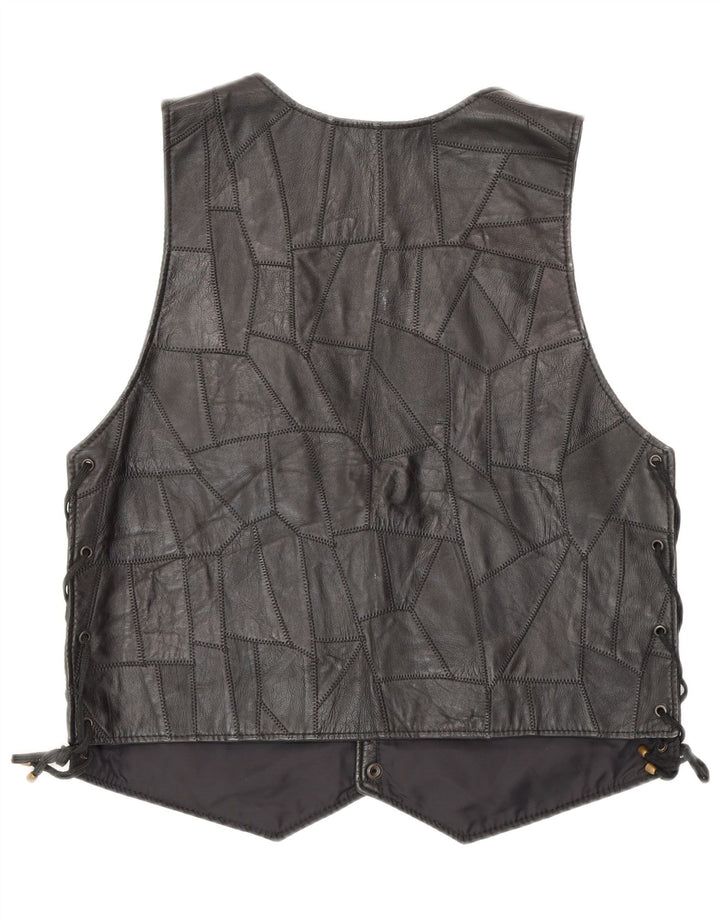 Vintage mujer cuero chaleco 2XL negro patchwork biker