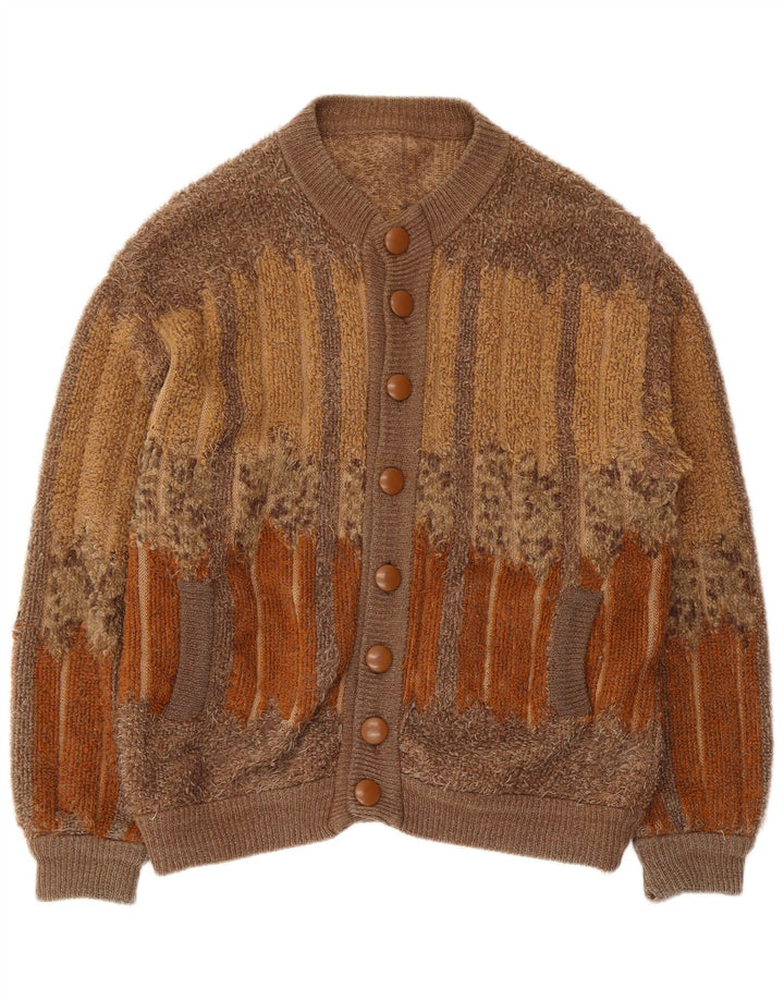 Vintage hombres Cardigan suéter medio marrón geométrico