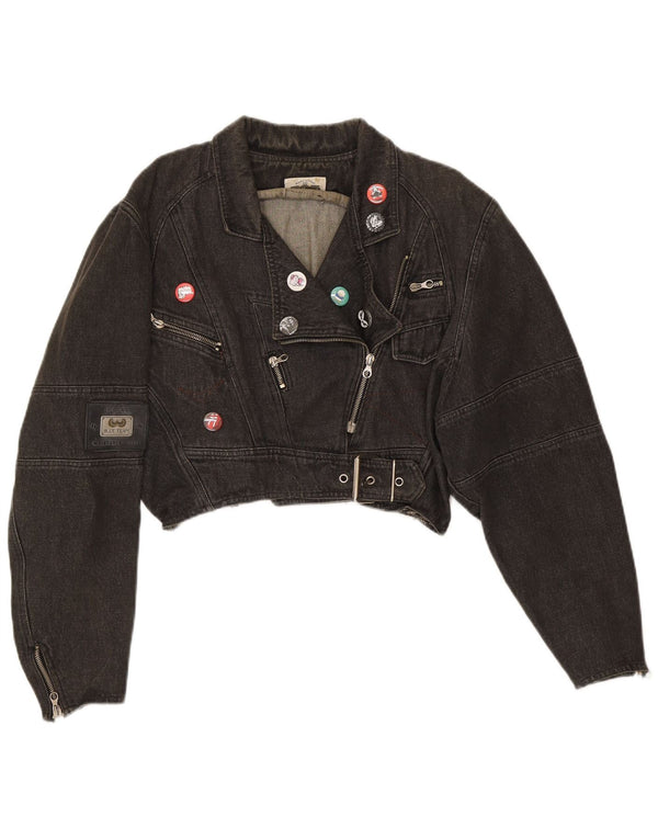 Vintage mujeres oversize crop denim biker chaqueta Reino Unido 14 algodón negro medio