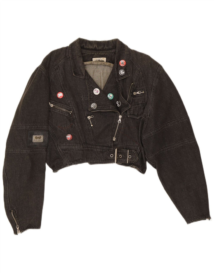 Vintage mujeres oversize crop denim biker chaqueta Reino Unido 14 algodón negro medio