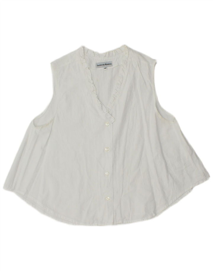 Vintage mujer sin mangas volante camisa delantera blusa Reino Unido 14 blanco medio