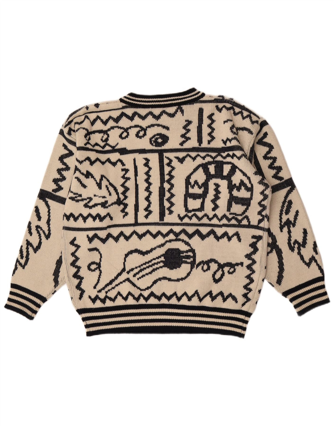 Vintage hombres patrón abstracto cuello redondo jersey suéter grande beige