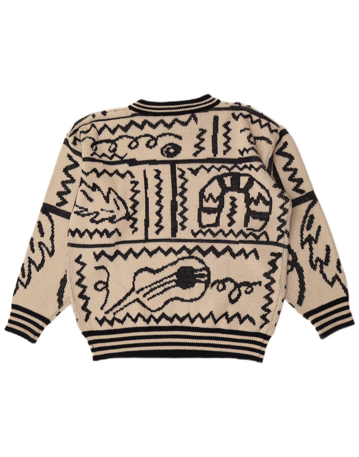 Vintage hombres patrón abstracto cuello redondo jersey suéter grande beige