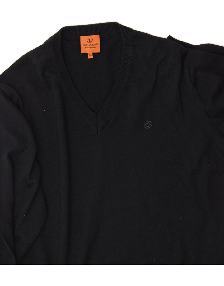 DOUGLAS Mens V-Neck Jumper Sweater Medium Navy Blue Wool Vintage Douglas and Second-Hand Douglas from Messina Hembry 