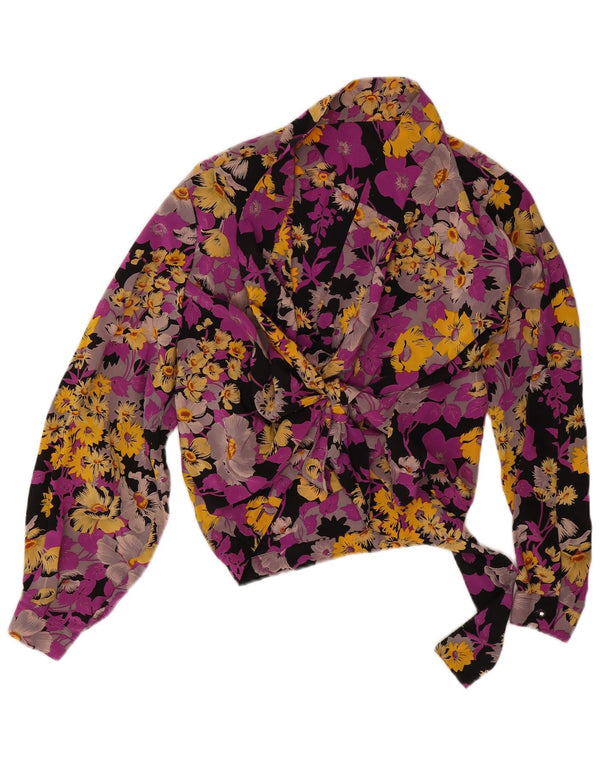 Vintage mujer crop camisa blusa Reino Unido 16 grande multicolor floral