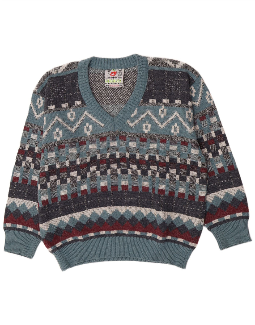 Vintage hombres V-cuello jumper suéter grande azul geométrico lana