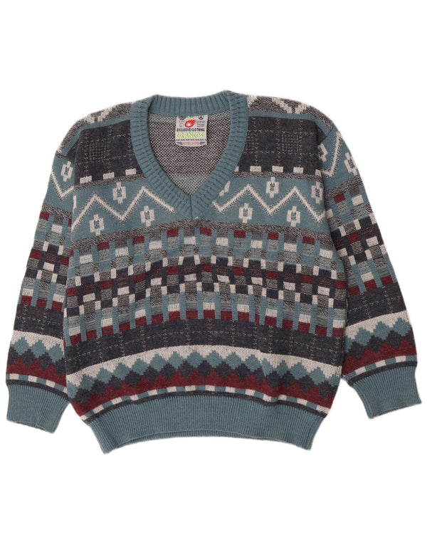Vintage hombres V-cuello jumper suéter grande azul geométrico lana