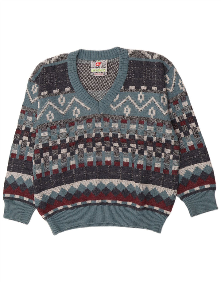 Vintage hombres V-cuello jumper suéter grande azul geométrico lana